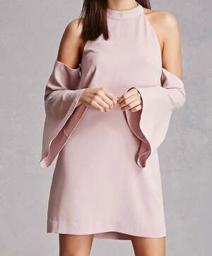 Stolen Hearts Pink Cold Shoulder Halter Mini Dress Bell Sleeve Boho S Feminine